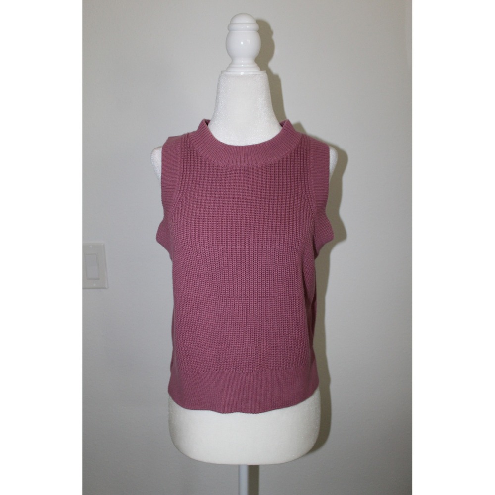 525 America‎ Womens Demi High Neck Crew Rose Mauve Shaker Cotton Sweater Tank M
